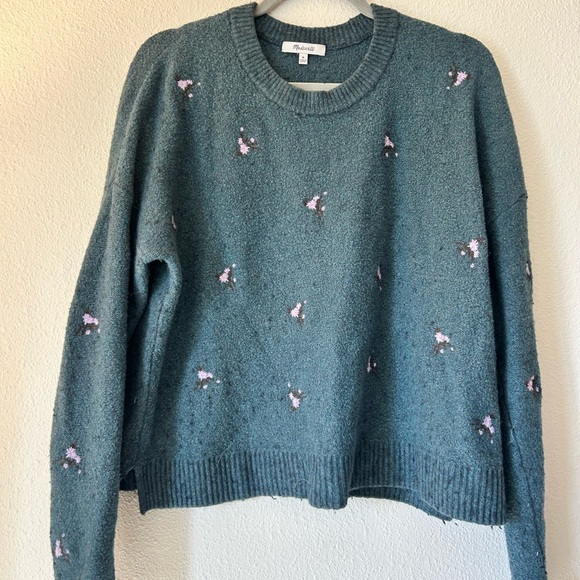 Madewell Sweaters - Madewell Teal Bouclé Crewneck Sweater with Pink Floral Stitching